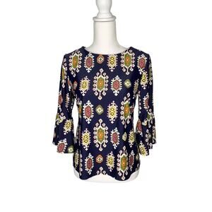 Jude Connally Navy Blue Printed 3/4 Ruffle Sleeve Blouse Top Jude Cloth Small